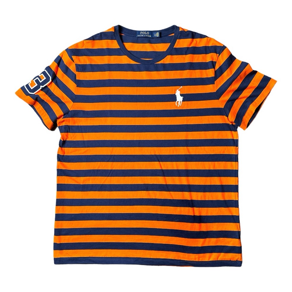 Polo Ralph Lauren T-Shirt Men's Large Orange Striped Cotton Crew Neck Pullover